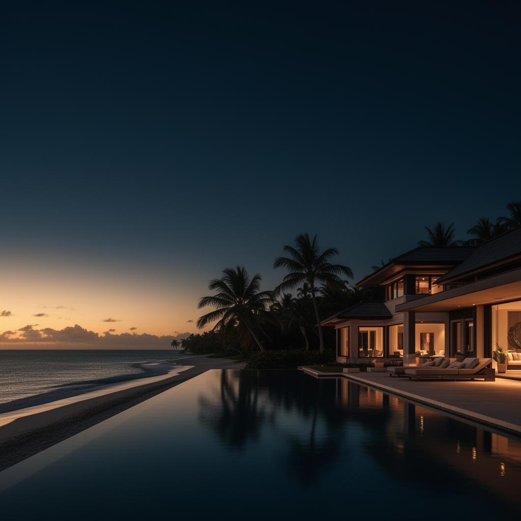Luxury Caribbean beachfront villa at dusk